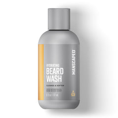 MANSCAPED front bottle view showing clean beard wash packaging and benefit