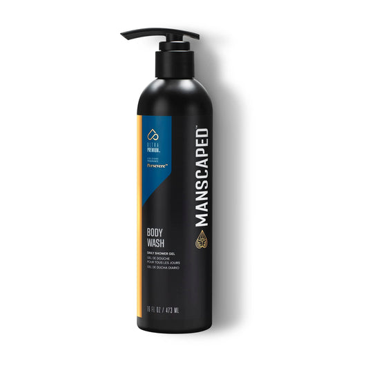 MANSCAPED front packaging of Persevere body wash showing 16 oz bottle and branding benefit: clear identification