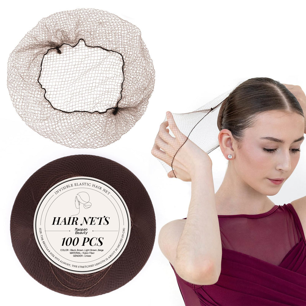 MaopaoBeauty front packaging showing 100 brown hair nets and tidy stack