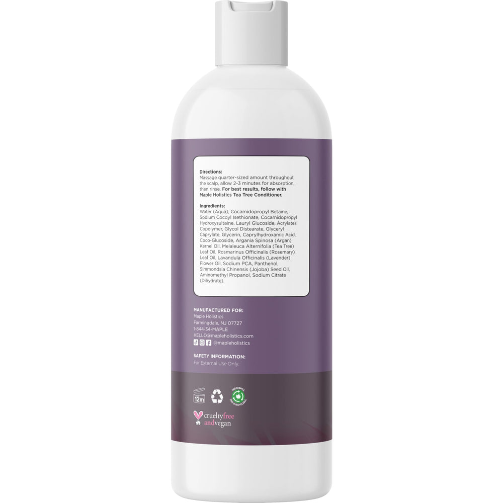 Maple Holistics bottle beside tea tree leaves showing natural oils