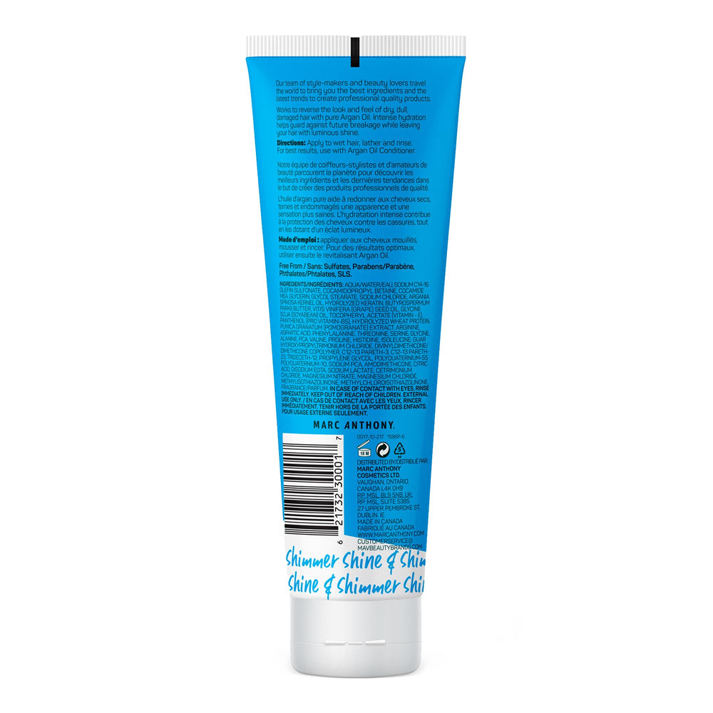Marc Anthony shampoo on bathroom shelf styling a hydrated hair routine