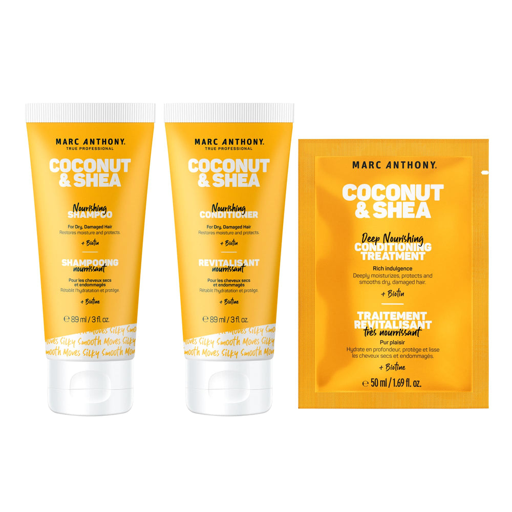 Marc Anthony travel set front packaging showing three compact tubes and easy packing benefit