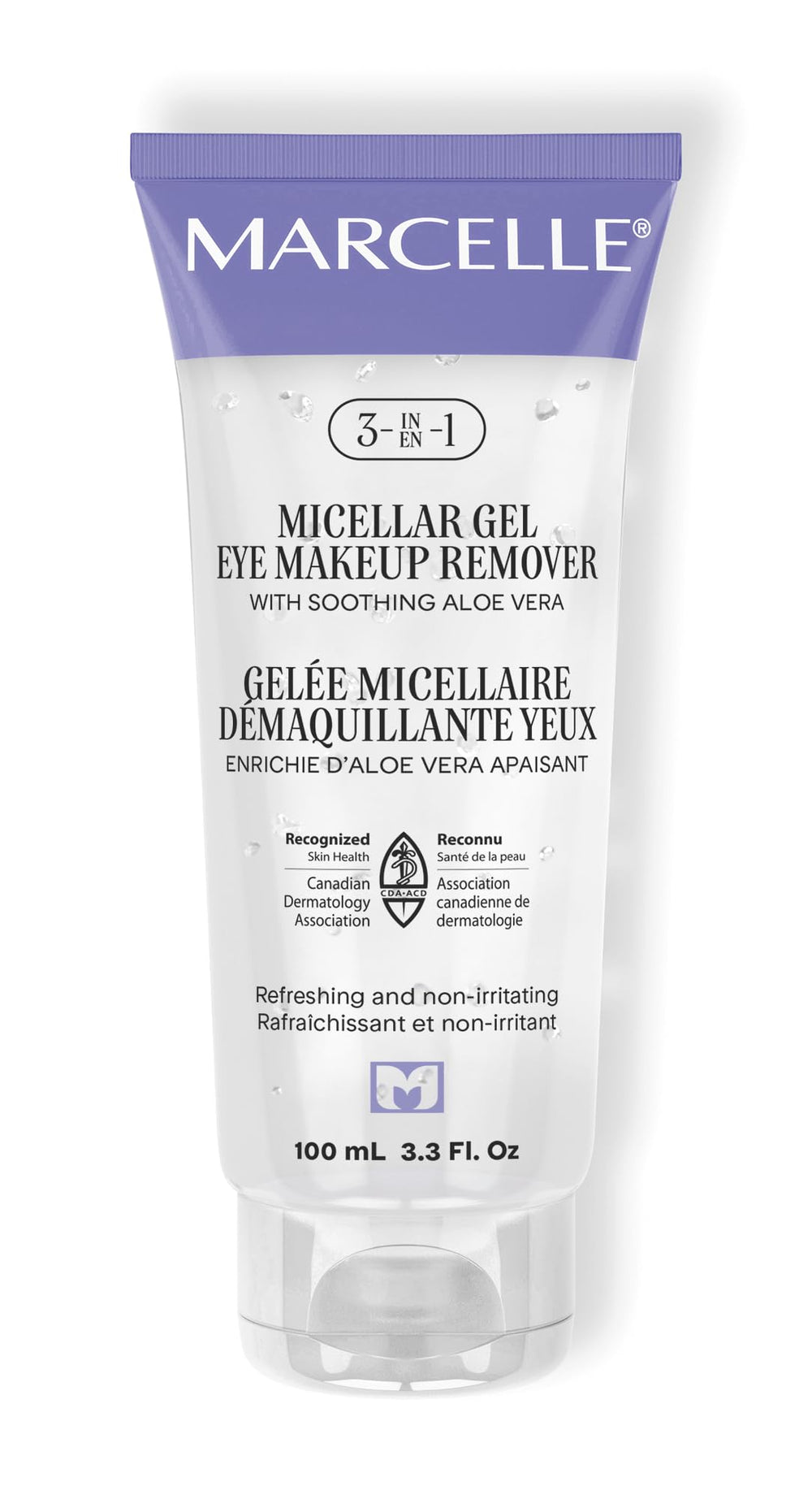 MARCELLE front packaging showing bottle and label, clear gentle formula benefit