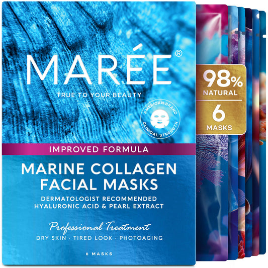 MAREE front packaging showing six colorful hydrating sheet masks for convenience