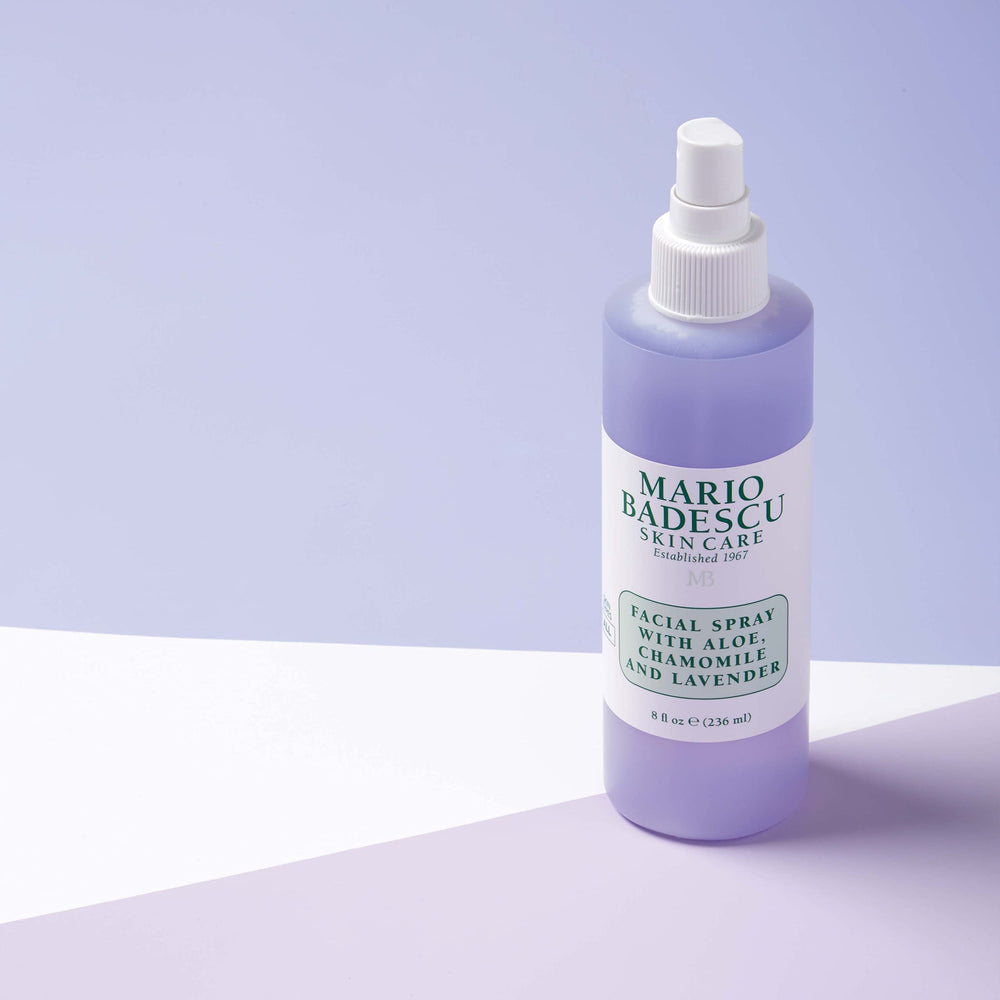 Mario Badescu ingredient flatlay with aloe chamomile lavender showing nourishing blend