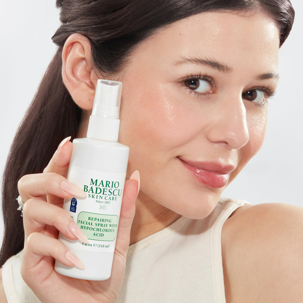 Mario Badescu label close-up highlighting gentle HOCl ingredient benefit