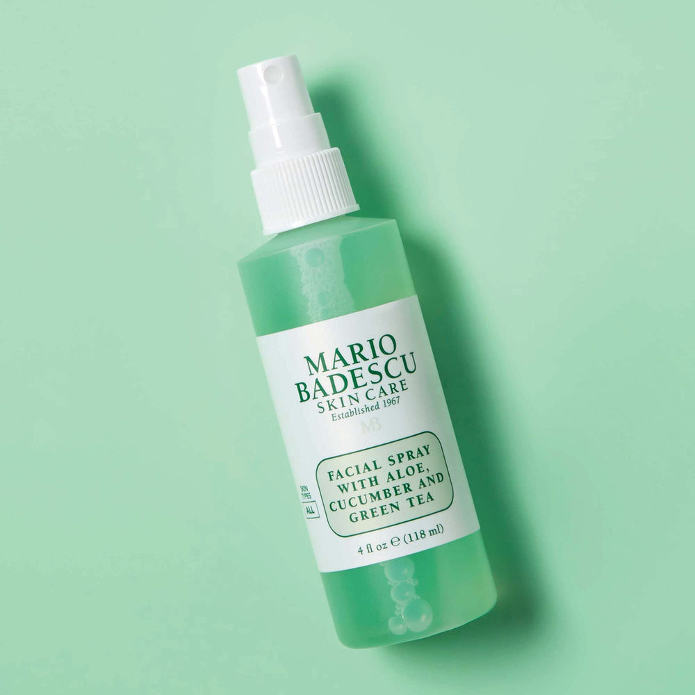 Mario Badescu spray in use on model face providing instant cooling boost