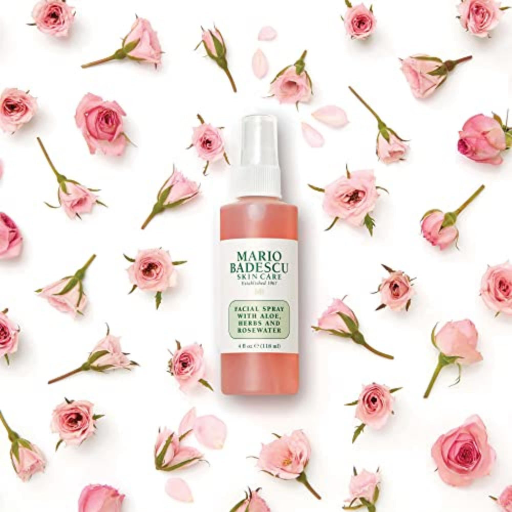 Mario Badescu bottle inside travel pouch demonstrating portability and on-the-go refresh benefit
