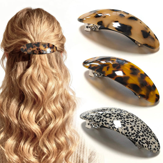 Markuii front view of three tortoise barrettes showing vintage style and reliable hold
