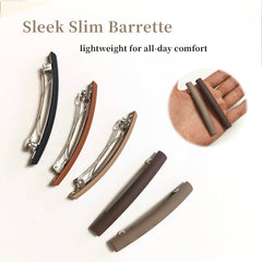 Markuii barrettes held in hand to show slim size and lightweight benefit