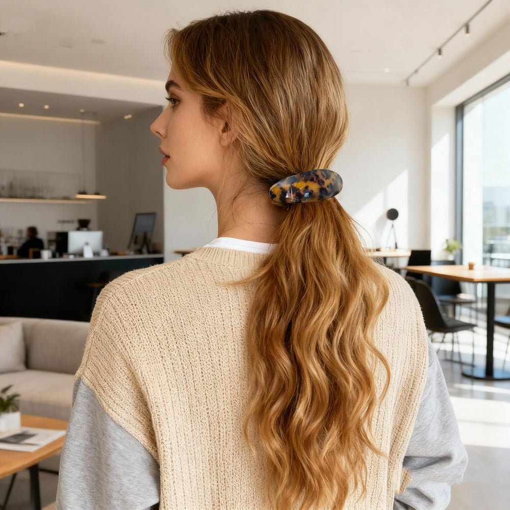 Markuii barrette worn in half-up hairstyle demonstrating comfortable all-day wear