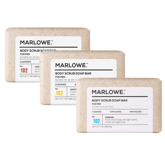 MARLOWE. front packaging of three 7oz exfoliating soap bars, communicates long-lasting value