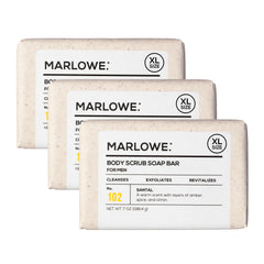 MARLOWE. front view of the santal scrub bar showing scent and size benefits