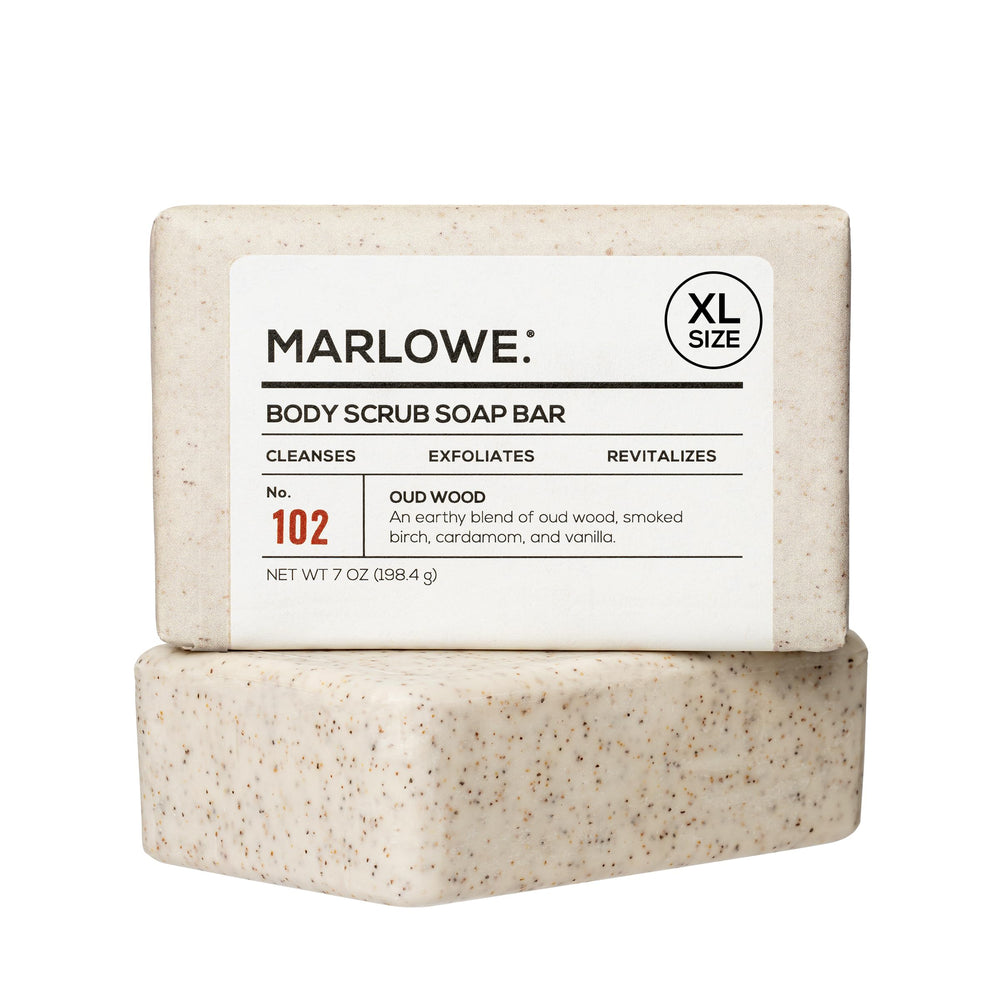 MARLOWE. front packaging of Oud Wood bar showing clean design and scent benefit