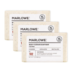 MARLOWE. front packaging showing oud wood scent and recycled wrapper benefit