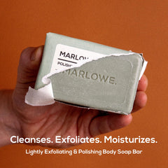 MARLOWE. side profile of the 7 oz triple-milled bar highlighting dense texture benefit