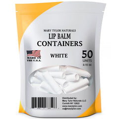 Mary Tylor Naturals front view of 50 white lip balm tubes showing neat secure caps and uniform finish for branding