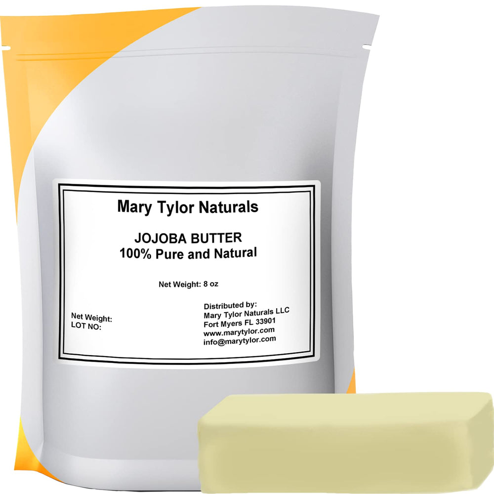 Mary Tylor Naturals jojoba butter front packaging showing resealable pouch and block benefits