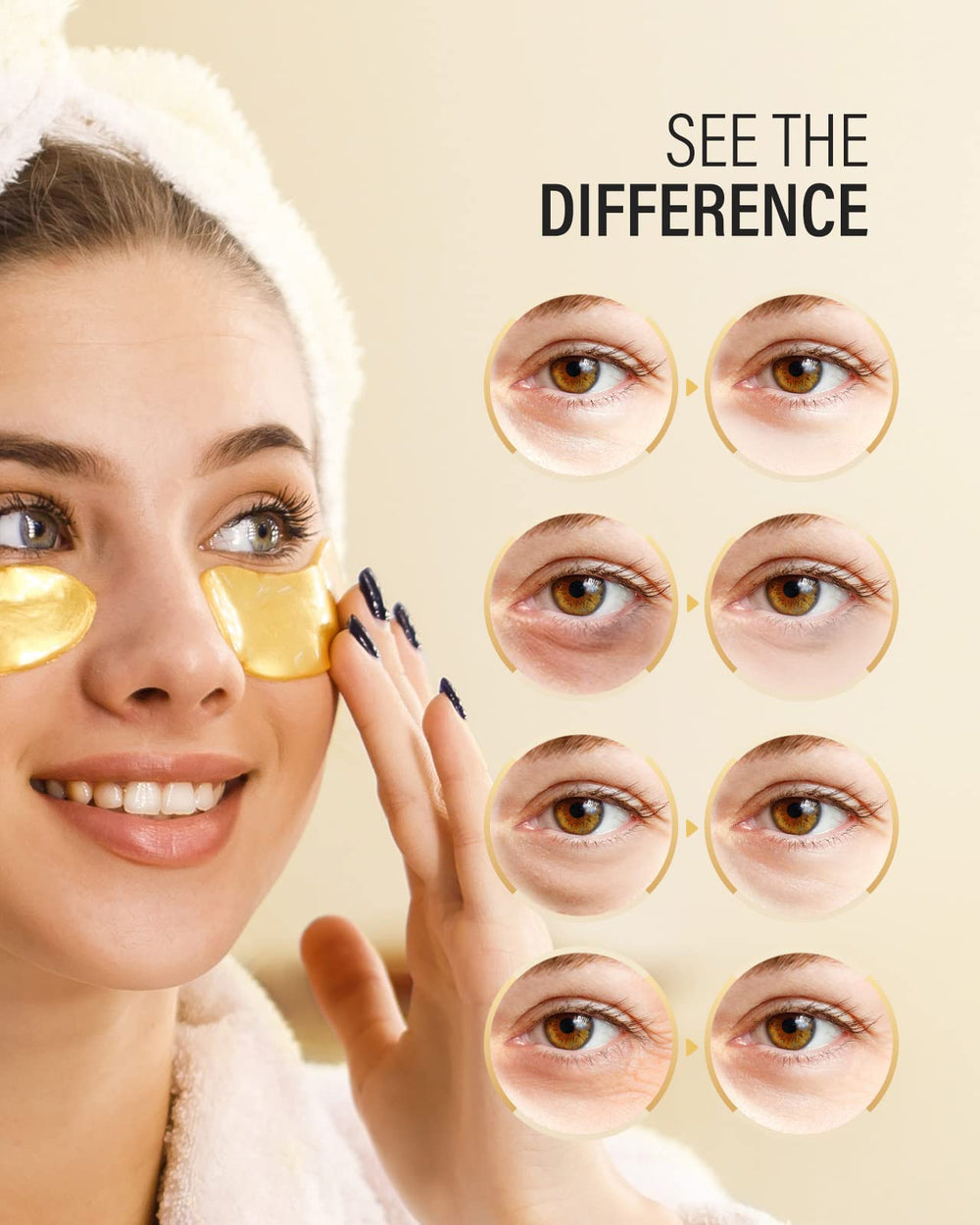Maskiss patch applied beneath eye demonstrating instant de-puffing