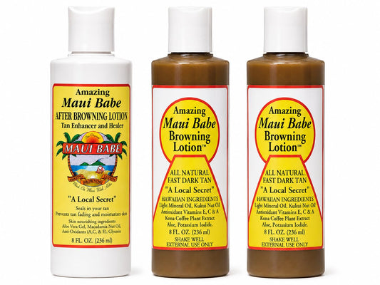 Maui Babe front packaging showing all three bottles and contents benefit