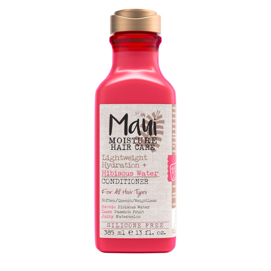 Maui Moisture bottle front showing hibiscus water label and lightweight benefit