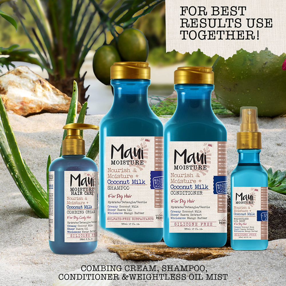 Maui Moisture ingredients display with aloe vera and coconut milk