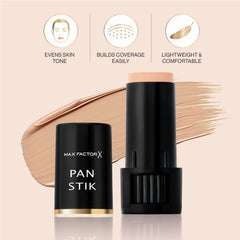 Max Factor Pan Stik close-up swipe on skin demonstrating coverage and finish