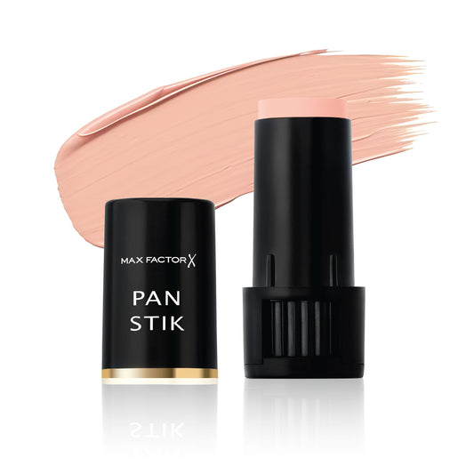 Max Factor Pan Stik front packaging showing shade and compact design for convenience