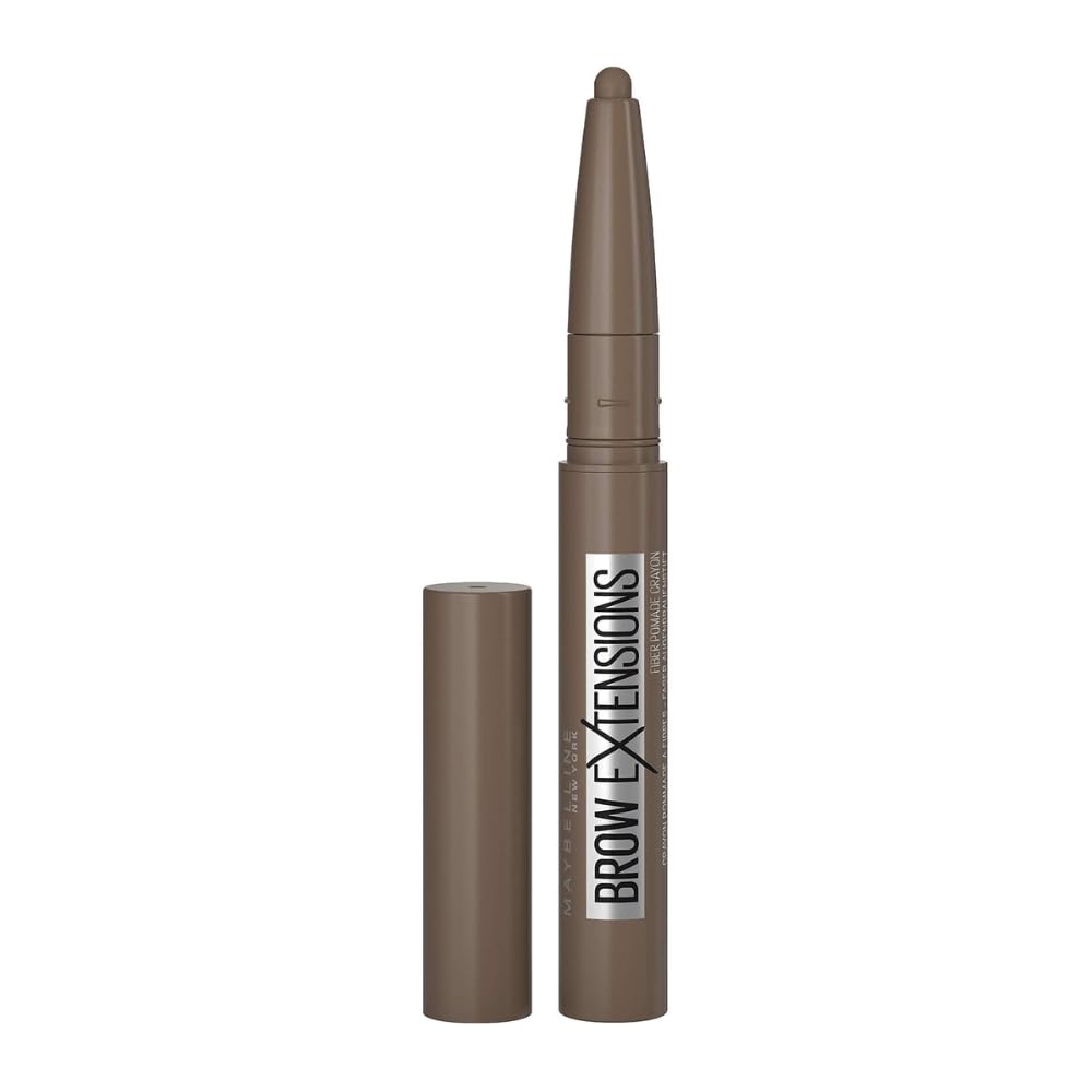 Maybelline Brow Extensions front packaging showing the medium brown crayon and benefit of instant fullness