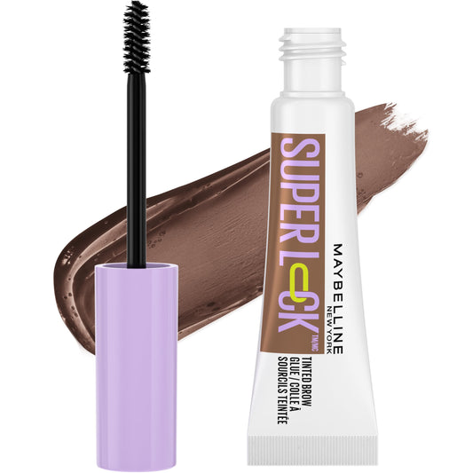 Maybelline Super Lock Brow Glue front packaging showing product and shade