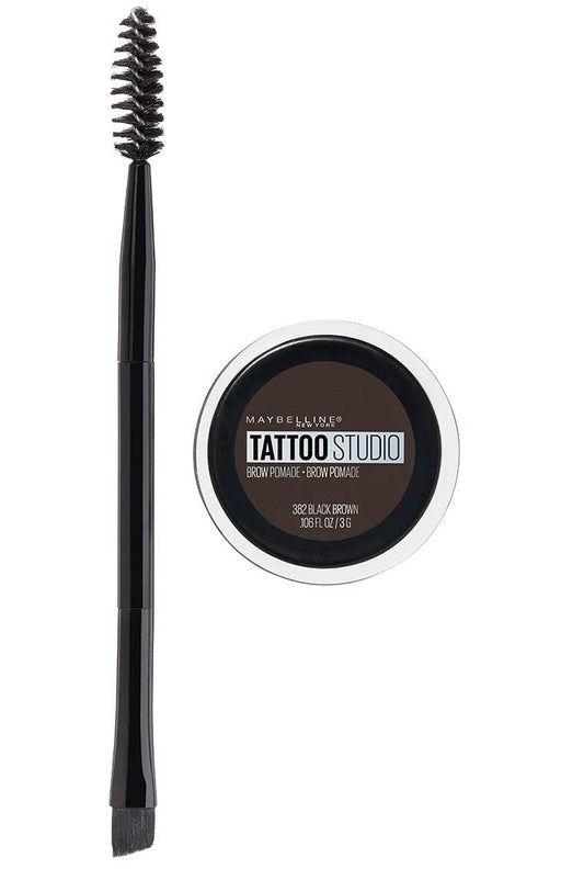 Maybelline front packaging showing brow pomade in Black Brown benefit: easy identification