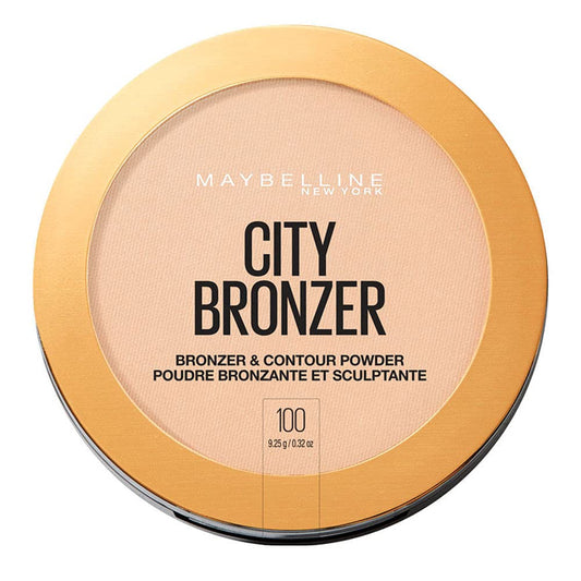 MAYBELLINE compact front view showing dual bronzer pan and sleek packaging benefit portability