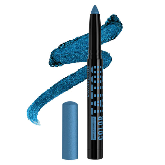 MAYBELLINE stick front view showing rich blue shimmer and easy application benefit