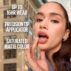 Maybelline Composer lip swatch on model highlighting rich matte finish