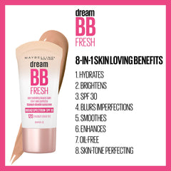 Maybelline label detail showing SPF 30 and 8-in-1 benefits clearly