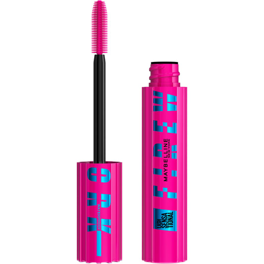 Maybelline mascara front view showing sleek packaging and bold Very Black shade benefit
