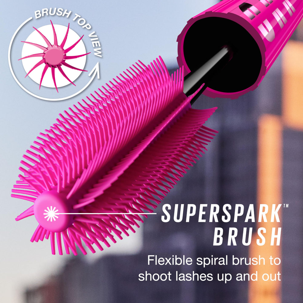 MAYBELLINE applied on model lashes illustrating lifted, fanned effect for dramatic eyes