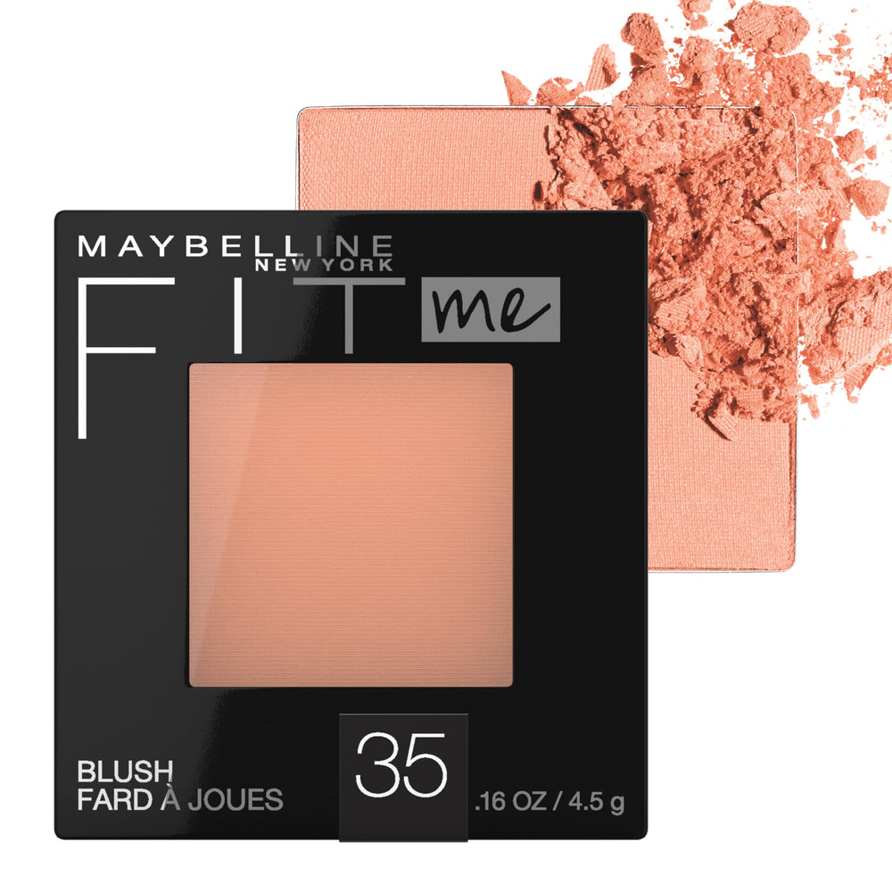 Maybelline compact front view showing coral shade and portable design benefit