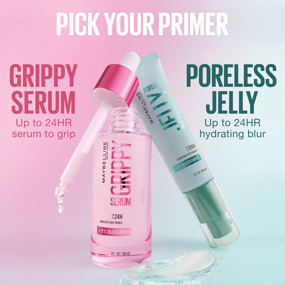 Maybelline Grippy Serum Primer on a bathroom vanity staged lifestyle shot showing everyday use and skincare routine benefit