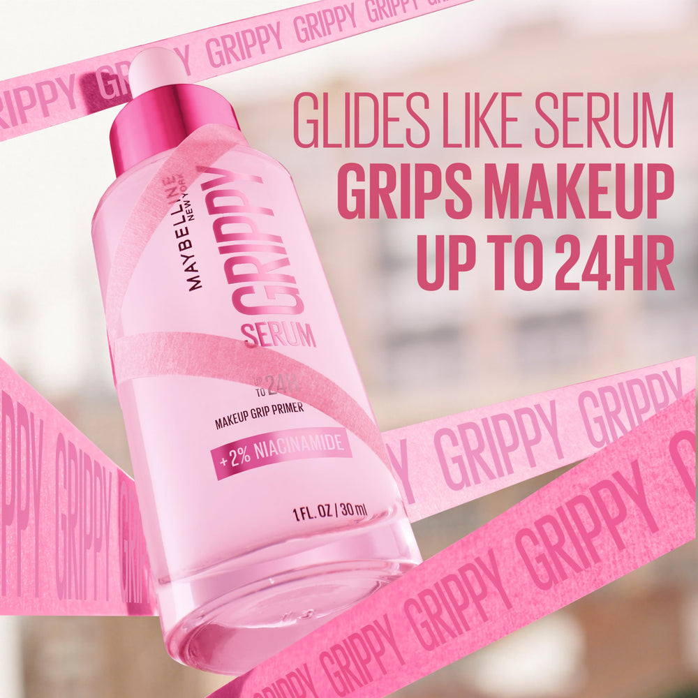 Maybelline Grippy Serum Primer texture close-up showing lightweight serum and hydrating finish for smooth makeup base