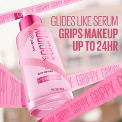 Maybelline Grippy Serum Primer texture close-up showing lightweight serum and hydrating finish for smooth makeup base