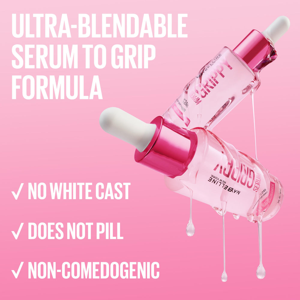 Maybelline Grippy Serum Primer beside foundation and brushes in flatlay suggesting compatibility with makeup products