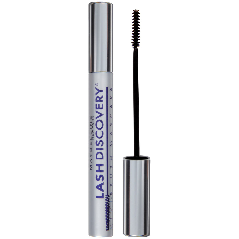 MAYBELLINE front tube of Lash Discovery Very Black showing compact size and clear branding, perfect for travel