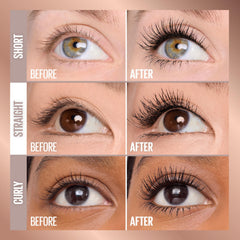 Maybelline before and after lashes demonstrating visible lifted volume