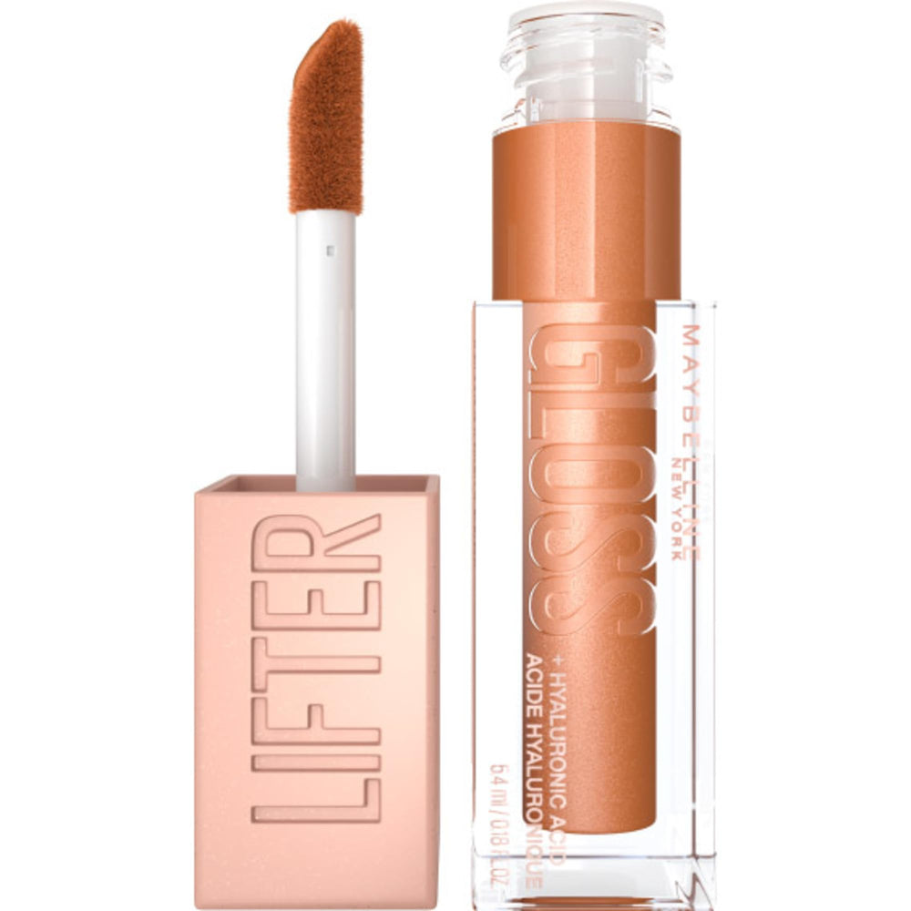 Maybelline Lifter Gloss front packaging showing bronzed shade and glossy finish benefits
