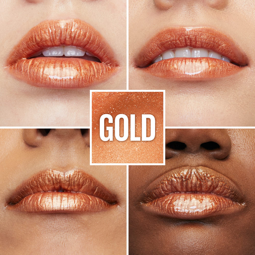 Maybelline Lifter Gloss gold shade swatched on hand showing warm glow and hydration benefit