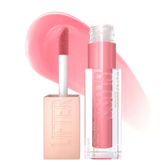 Maybelline Lifter Gloss front packaging showing glossy pink tube and branding benefit shine
