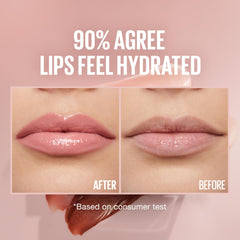 Maybelline lifter gloss lip swatch on model showing peachy Reef plumping effect