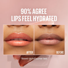 MAYBELLINE on model lips illustrating sheer peach tint and fuller-looking effect