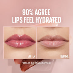 Maybelline gloss texture close-up showing hydrating glossy finish benefit